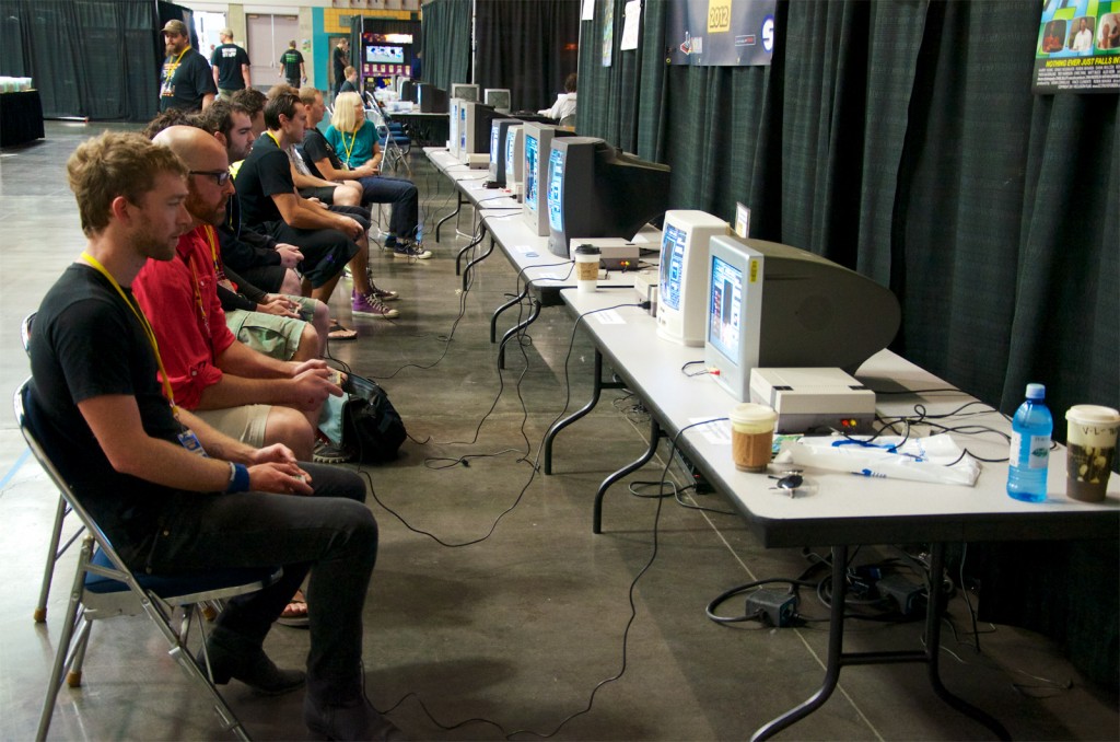 Competitors in the 2012 Classic Tetris World Championship warm up before their Round of 16 matches.